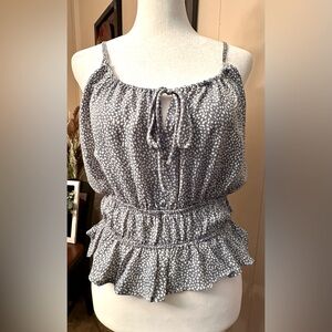 She + Sky Adjustable Strap Cinch-Waist Ruffle Top; Bluish-Gray/White; Small; EUC